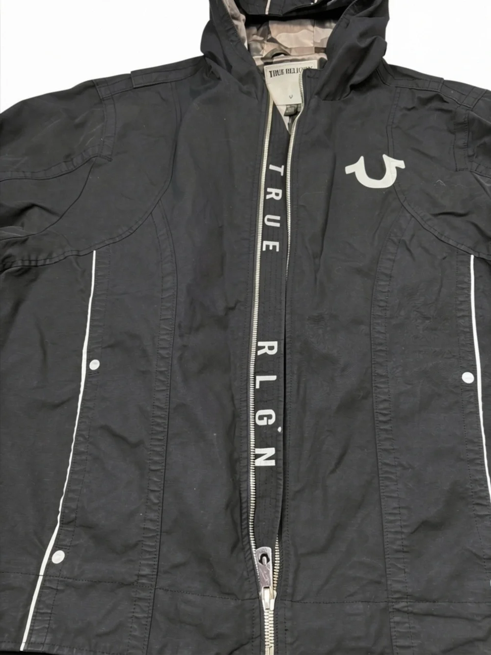 True Religion Black Hooded Reflective Moto Jacket Jet Black MC431TF1 Size 3XL